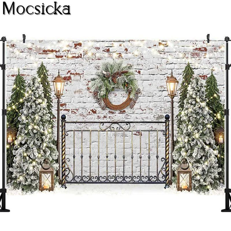 クリスマスの写真の背景,ヴィンテージ,白レンガの壁,木,花輪のポートレート写真のアクセサリー