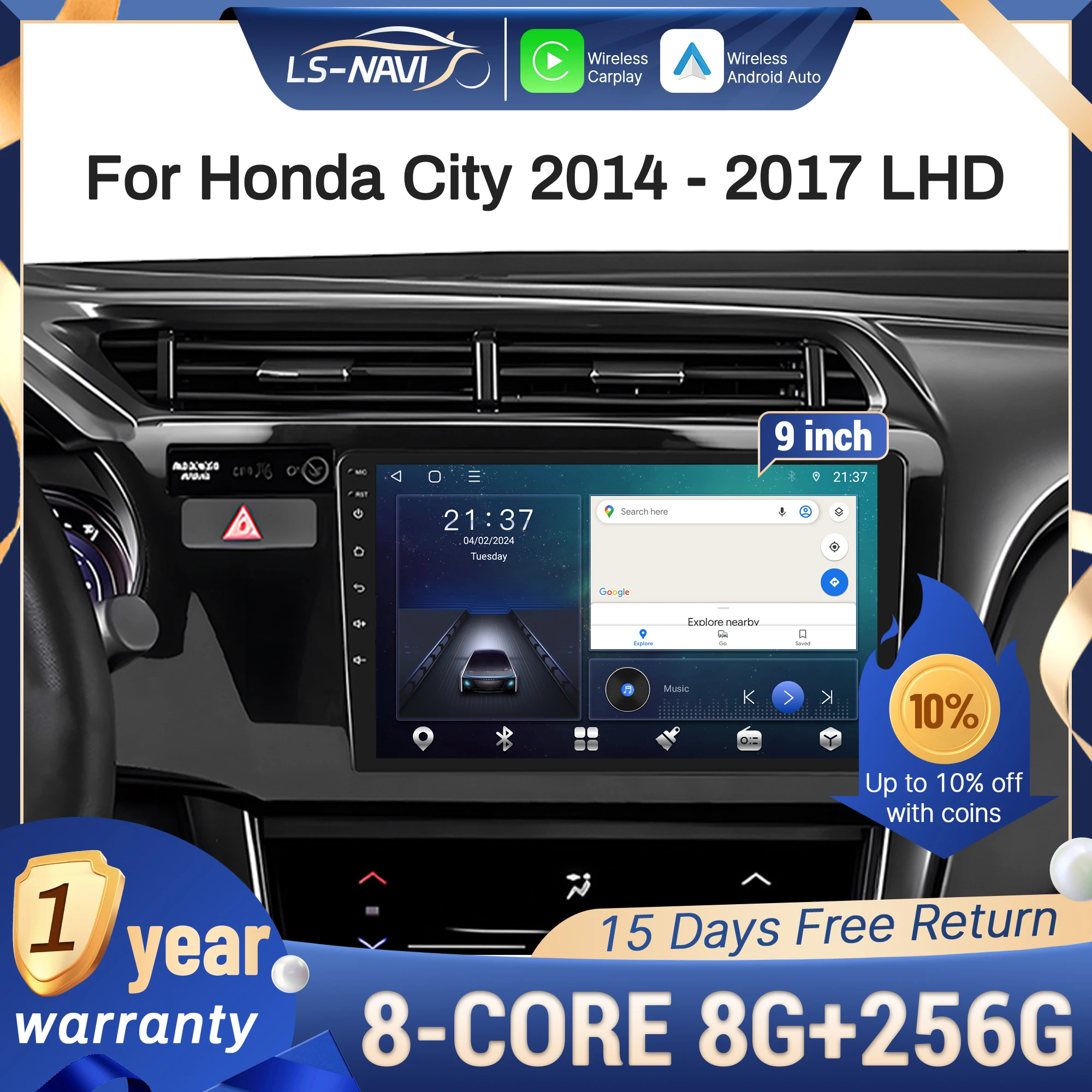 

Для Honda City 2014-2017 LHD автомобильный радиоприемник мультимедийная навигация GPS беспроводной CarPlay 4G сенсорный экран головное устройство стерео