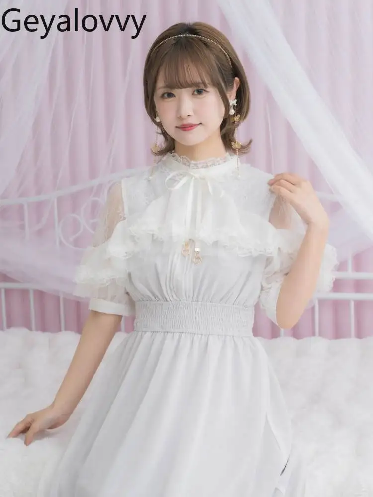 

Spring Summer New Lolita Lace Trim Waist-Cinching Short Sleeve Dress Sweet Cute Women's High Waist Slimming Long Dresses
