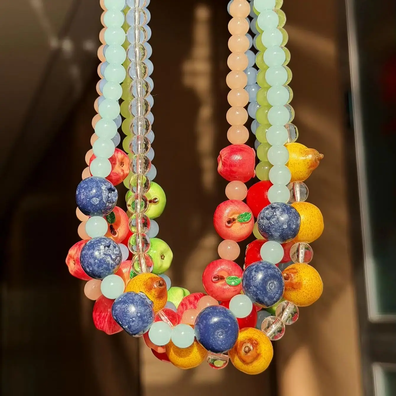 Cute Instagram-Worthy Colorful Dopamine Blue  Red Apple Bead Necklace Fresh, Fruity, Minimalist Versatile Spring/Summer Jewelry