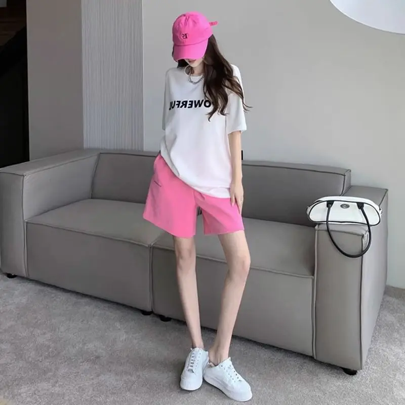 Summer Casual Letter O-neck Short Sleeve Two-piece Suit Femme Simplicity Refreshing Elastic Waist Short Sets Fashion Matching