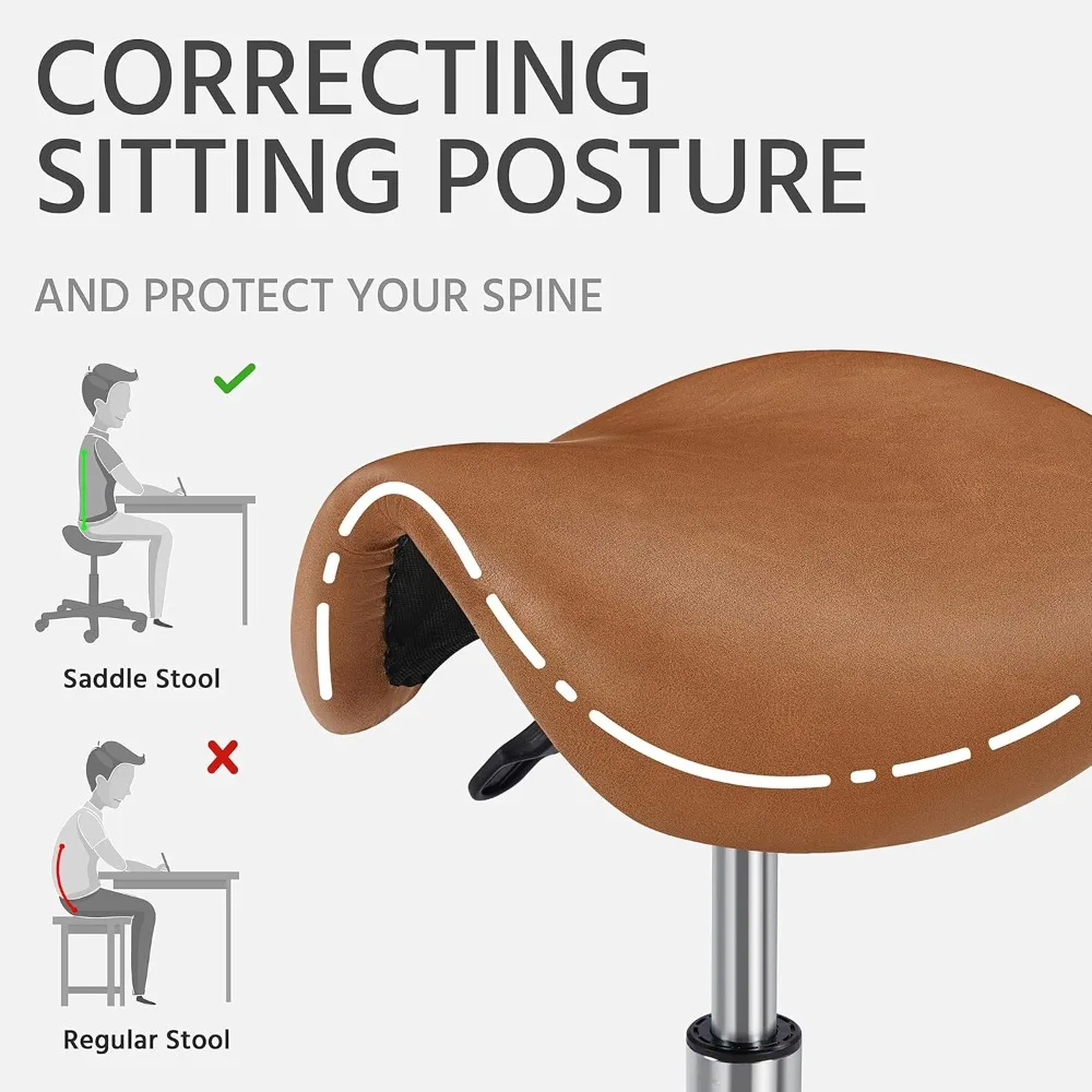 كرسي سرج دوار مع ارتفاع قابل للتعديل لمصففي الشعر وفني الرموش وفنانين الوشم - جلد البولي يوريثان