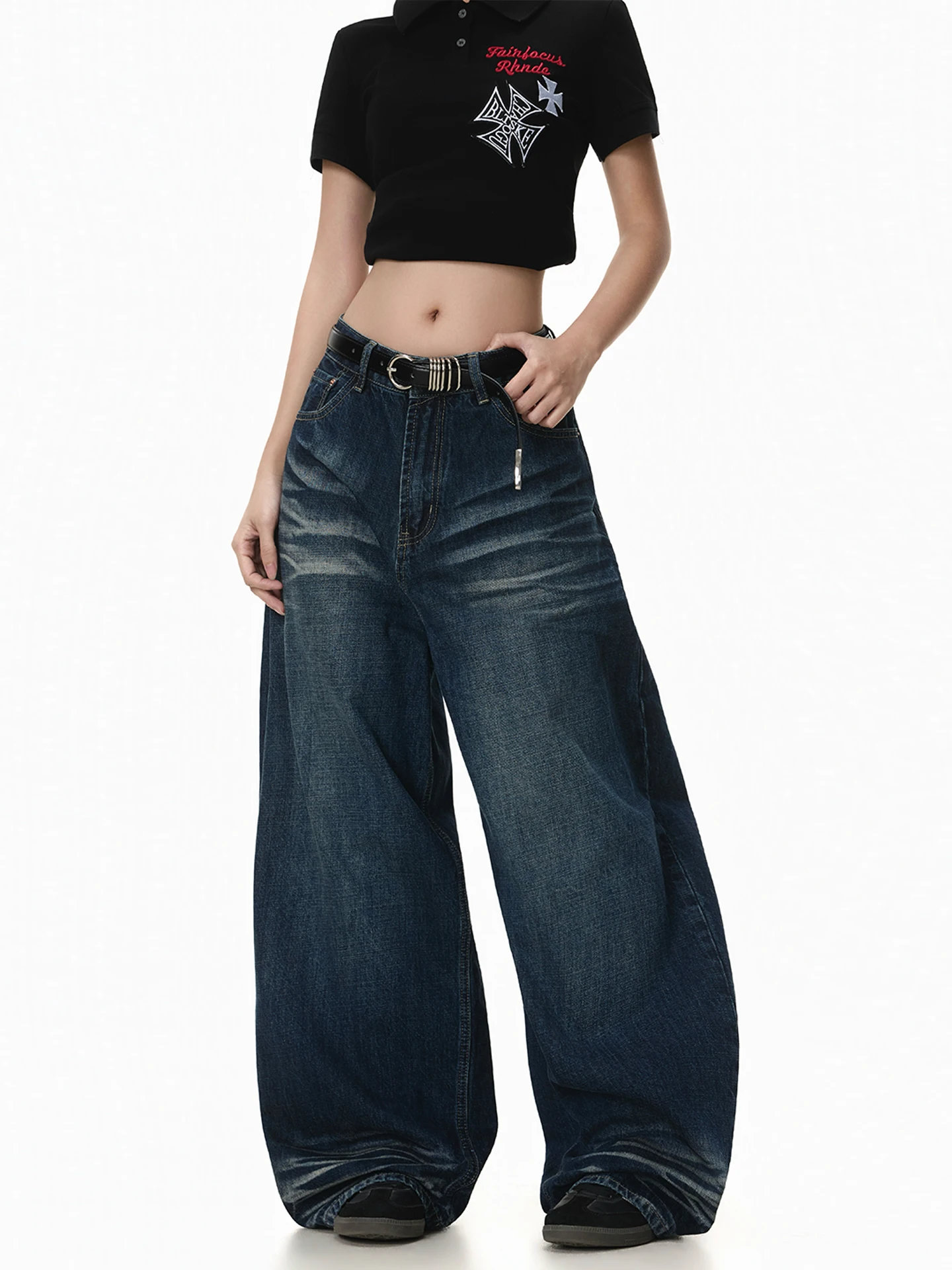 

Washed Loose Straight Leg Deep Blue Jeans Whisker Pattern Slimming Fashionable Wide Leg Pants Casual Female Jeans