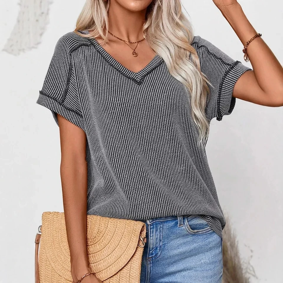 

Ropas De Mujeres V-neck Short-sleeved Fashion Color-blocked Tops For Women's Summer Fashion Office Commuting All-match Pullover