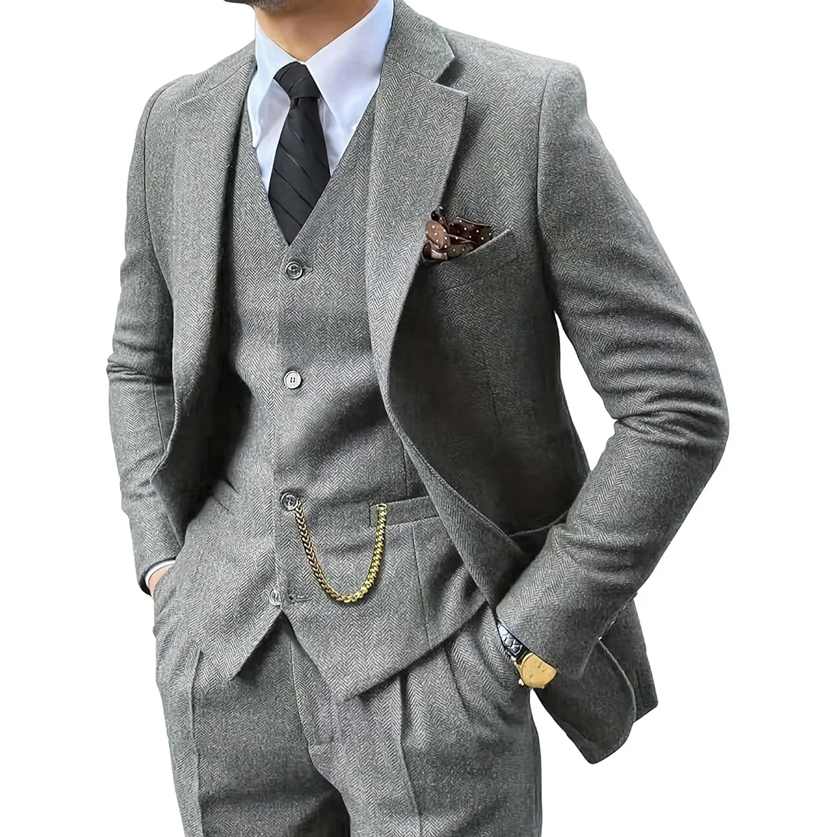 

Высококачественные твидовые костюмы с узором «елочка» для мужчин, шерстяной приталенный комплект из трех предметов, жилет и брюки, формальный свадебный смокинг жениха, мужской пиджак