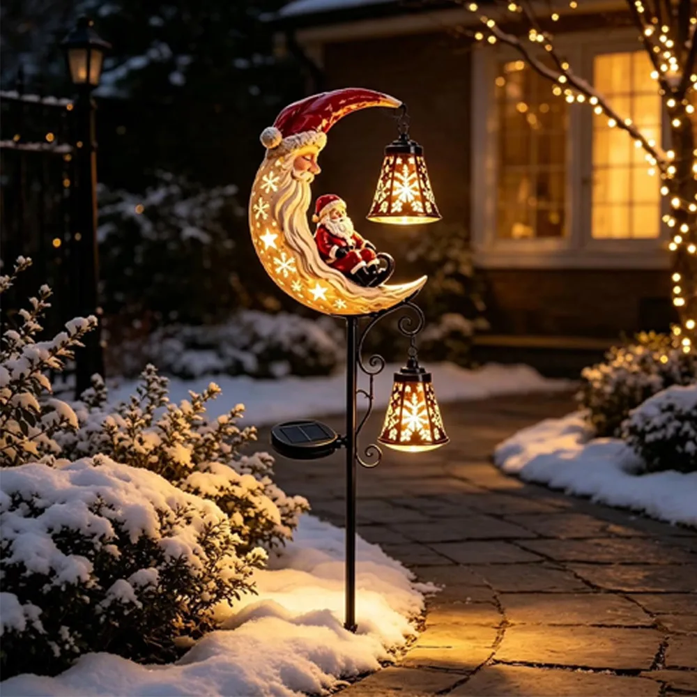 LED Glowing Christmas Moon Solar Stake Light with Bell Waterproof Xmas Garden Stake Lamp Solar Powered Hollow Lantern