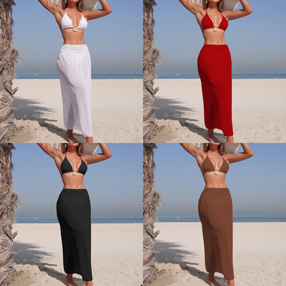 Essential Solid Color Beach Sarong for Women 2025 High Waist Split Maxi Wrap Skirt Ropa Mujer