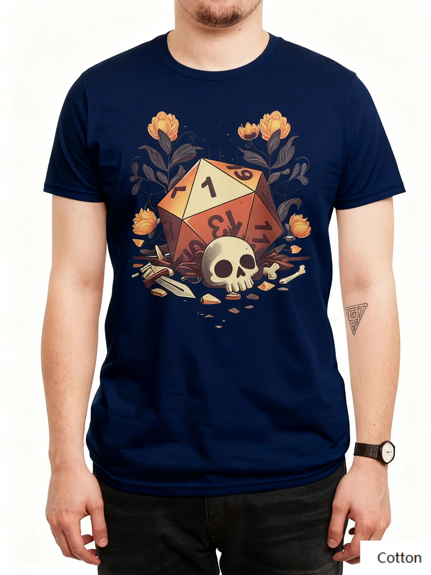 تي شيرت قطني فريد من نوعه مستوحى من آر بي جي برقبة دائرية يظهر تصميمًا حيويًا لزهور النرد والجمجمة والقطع المكسورة رائعًا