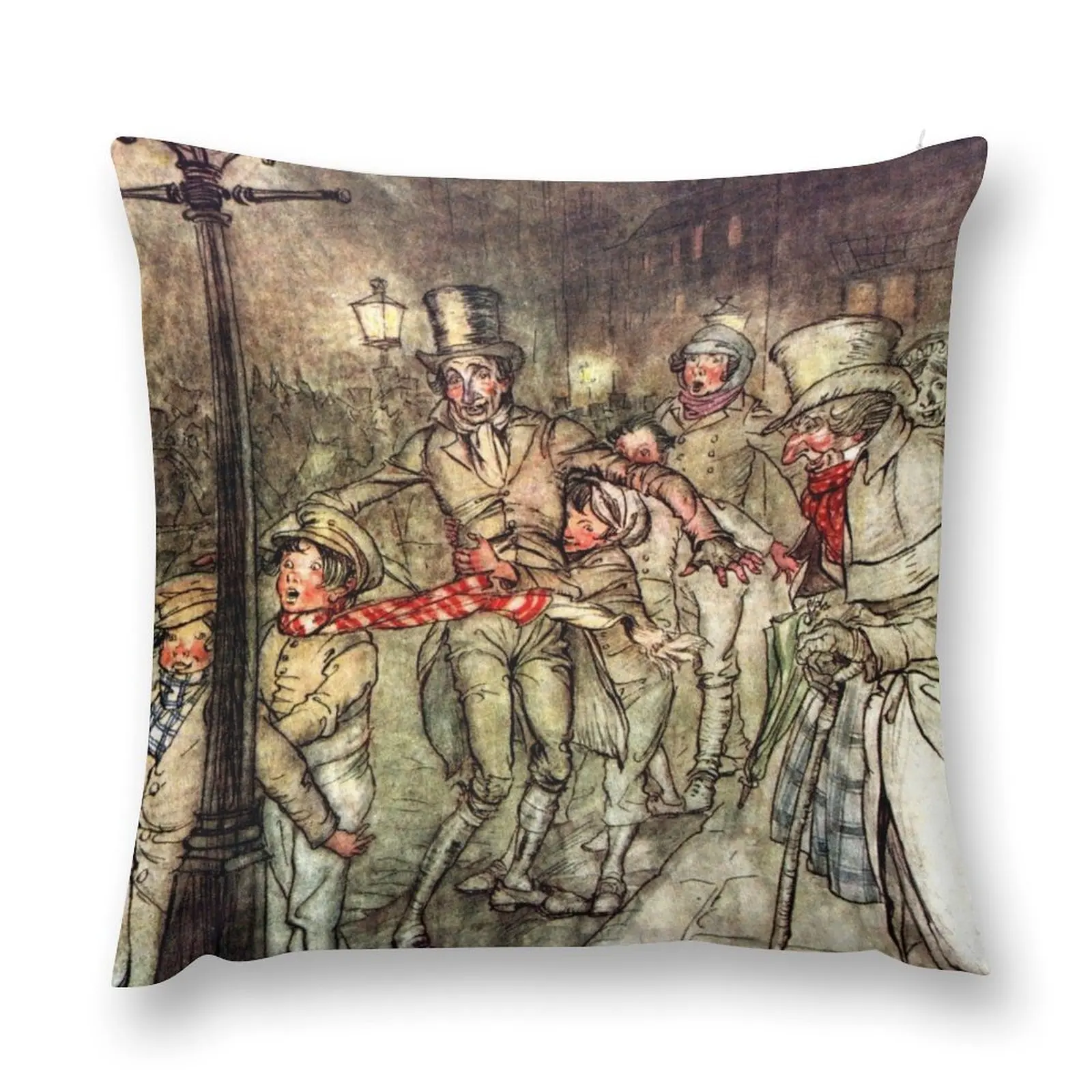 Bob Cratchit Sledding - A Christmas Carol - Arthur Rackham Throw Pillow Plaid Sofa Pillow Cover pillow