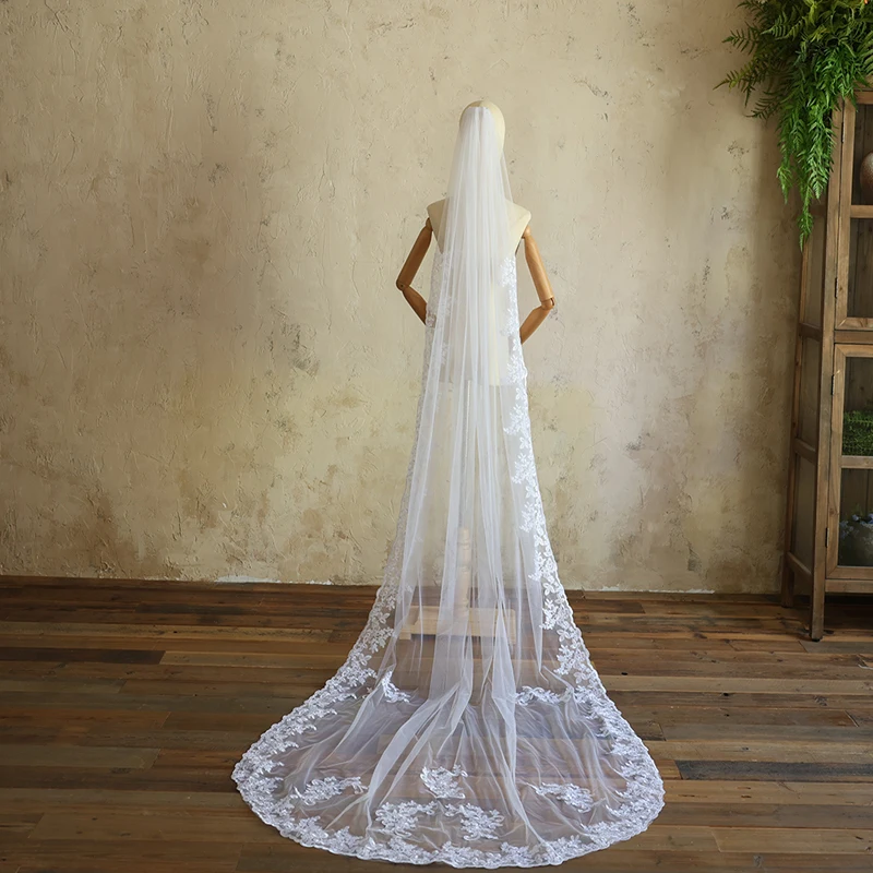 

3M Long Bridal Veil 1 Tier Lace Applique Wedding Veil with Comb Cathedral Length Marriage Wedding Accessories