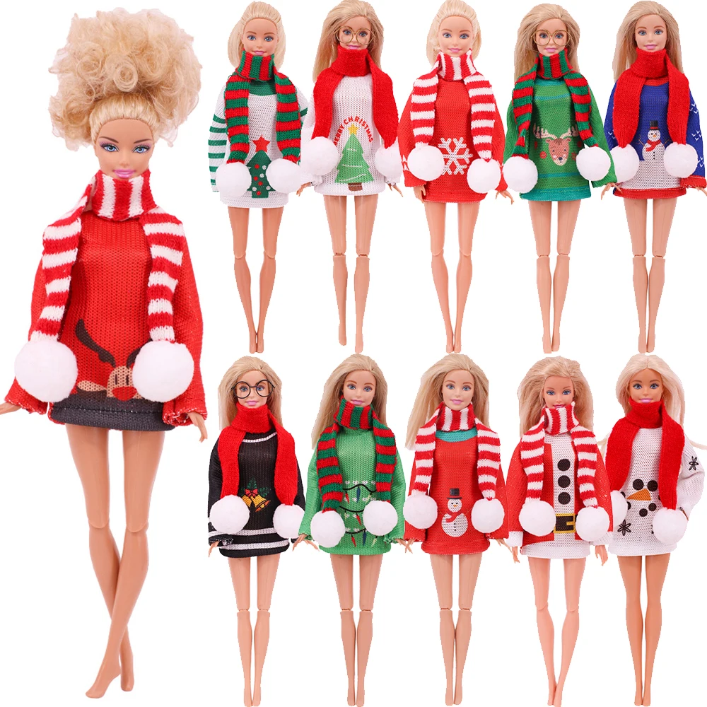 Christmas Barbies Doll Clothes Sweater Dress+Scarf For 11.5Inch Barbies Doll BJD Girl Doll Accessories Christmas gift Santa Toys