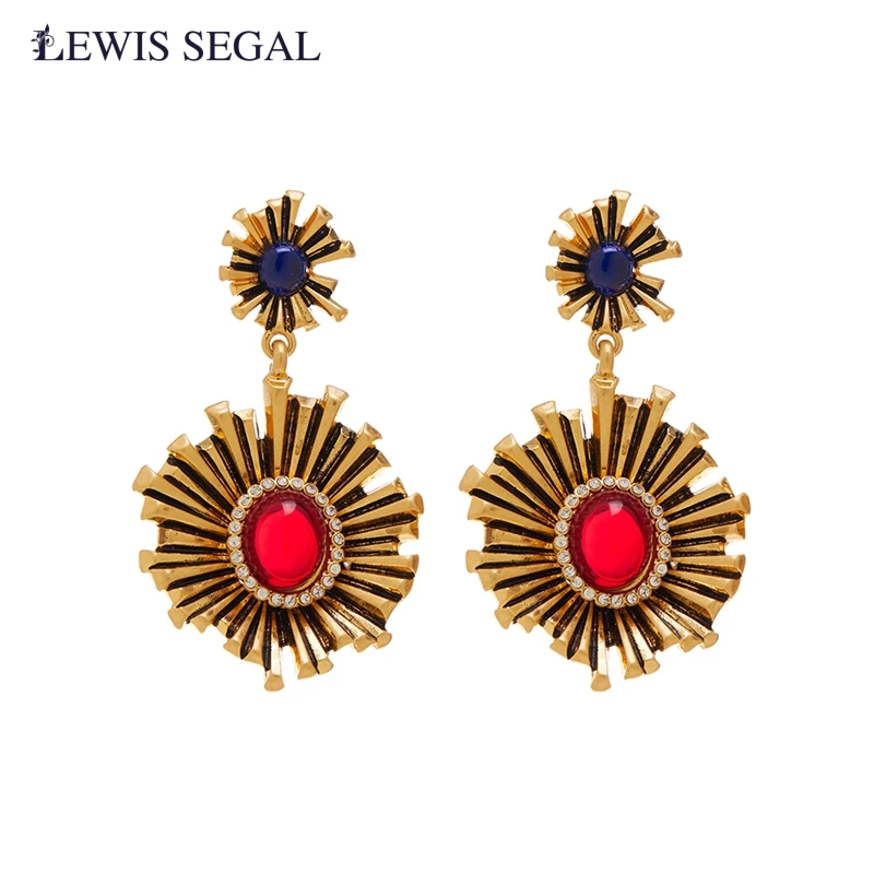 

LEWIS SEGAL Antique Sun Design Dangle Earrings for Women Girls Medieval Vintage Style Luxury Fine Jewelry 18K Gold Gemstone