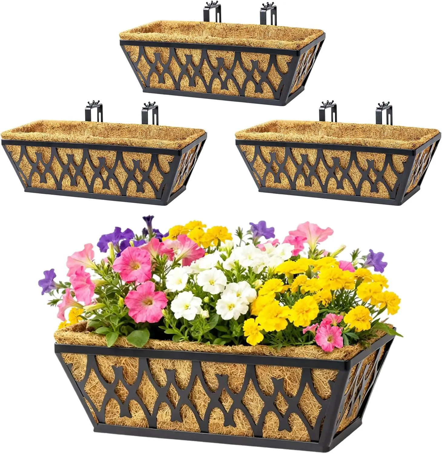 

4-Pack 16-Inch Adjustable Railing Planter Boxes with Coco Liners for Porch Fence Patio Balcony Hanging Flower Baskets - Black