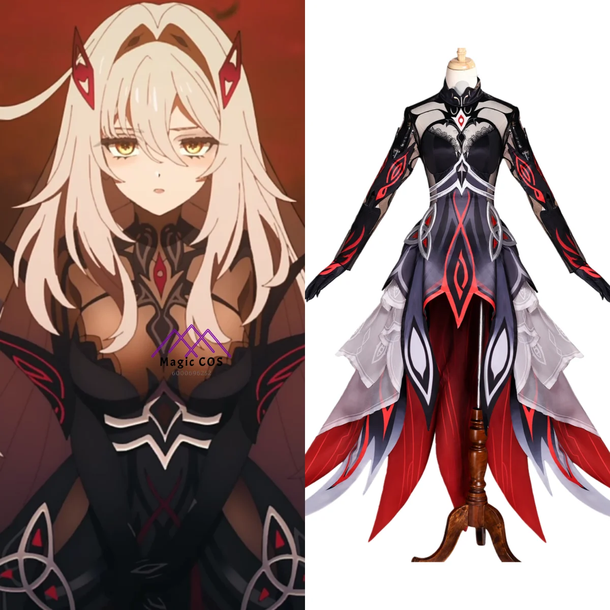 

Hot Game Genshin Impact Cosplay Costume Anime Ronova Role Playing Outfit Full Set Black Red Dress for Women Comic Con Party