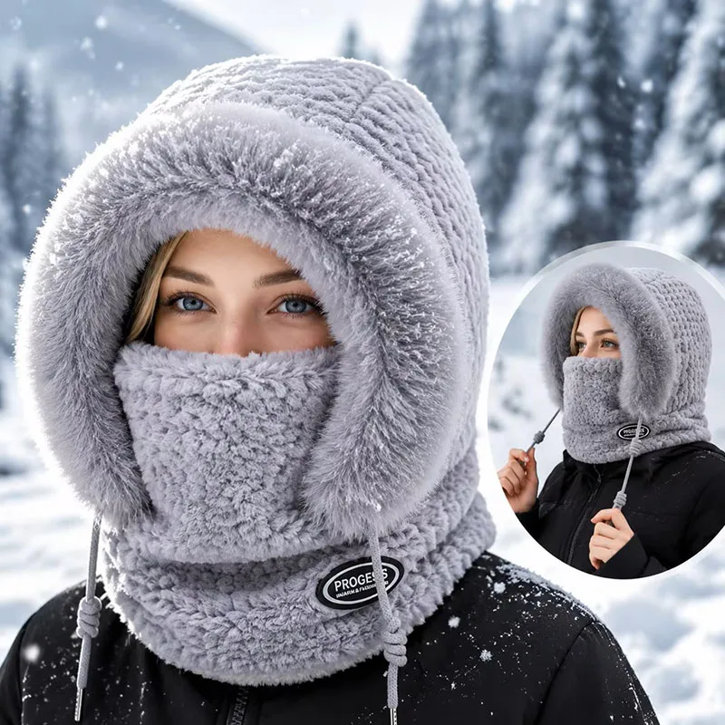 Winter Riding Hat for Women Hood Scarf Mask and Ear Cover Thick Thermal Windproof for Electric Scooter Outdoor Cycling Warmth