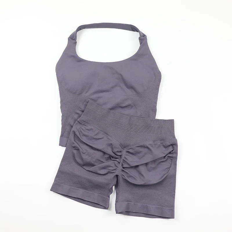 

2 Pieces Impact Sports Set Women Backless Halter Tops High Waist Seamless Hight Stretch Shorts Gym Suit Sportswear Workout Sets