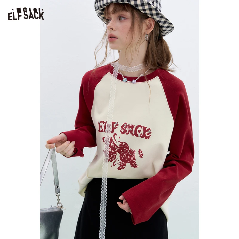 

ELFSACK 2025 Spring New Arrivals Lucky Goldfish Printed Raglan Long Sleeve T-shirt Women Basic Casual Round Neck Korean Top