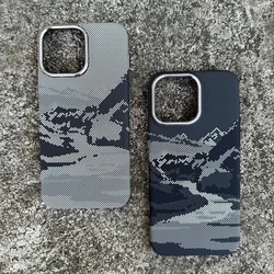 Abstract Mountain Rivers Magsafe case for iphone 16 15 14pro 13 15Pro Max Carbon fiber Alloy Lens Wireless Charging hard cover