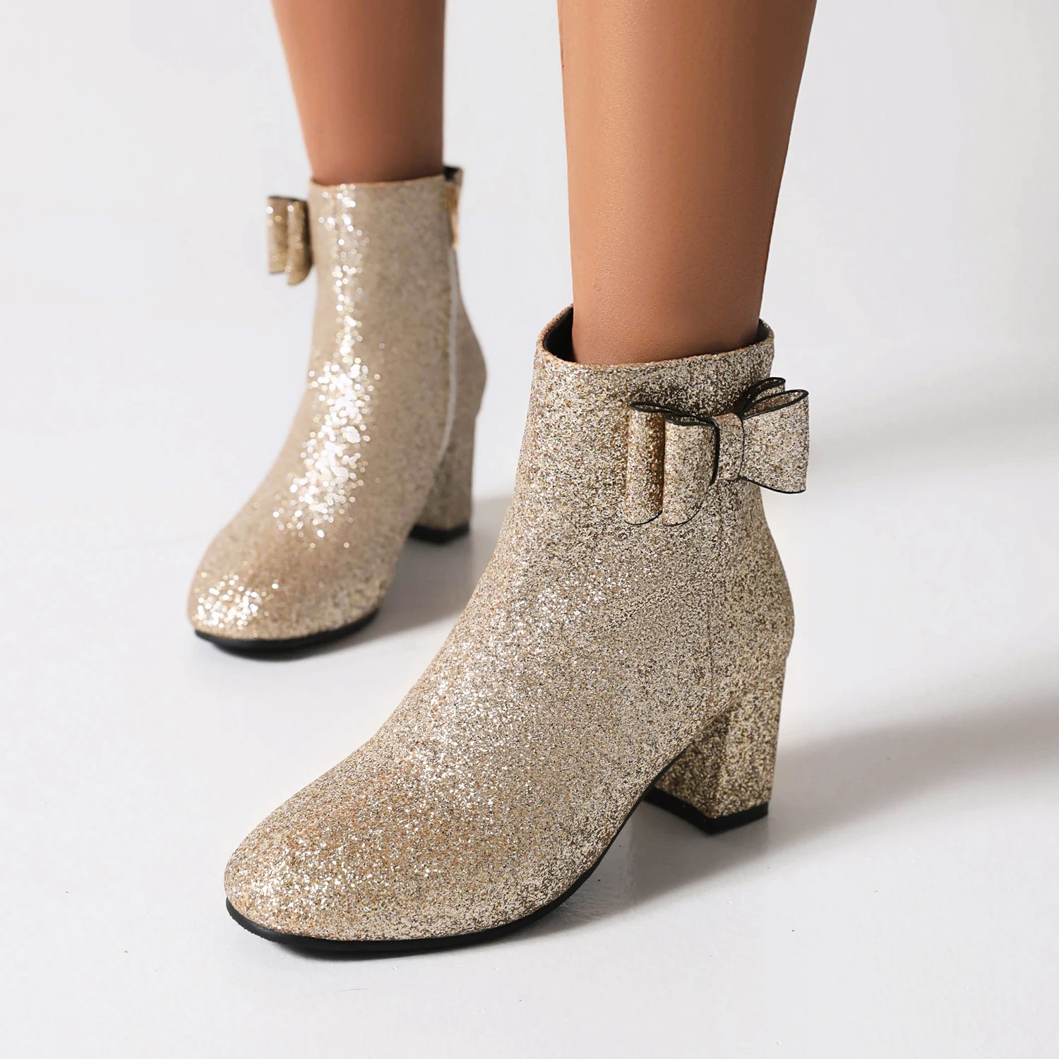 

2022 New Comfy Size 33-46 Glitter Bling Party Wedding Dance Shoes Gold Silver Womens Ankle Chelsea Boots With Butterfly-knot