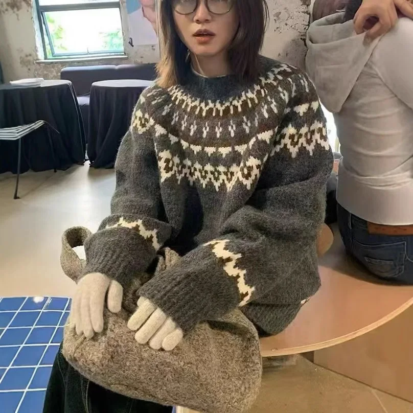 

Women Knitting Sweater 2025 Autumn Winter Slouchy Sweater Fair Isle Pattern Alpaca Wool Thickened Soft Loose Knitwear