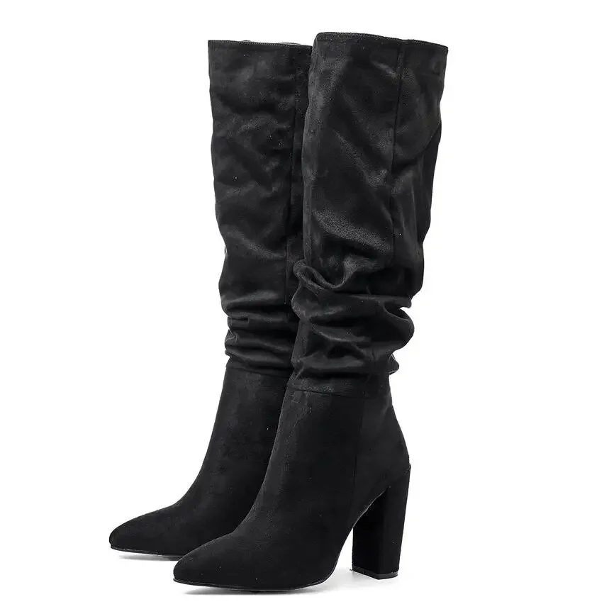 New Fashion Suede/Leather Pleated Knee-High Boots for Womens Shoe Sexy Pointed Toe Chunky High Heels Knight Boot Modern Bota