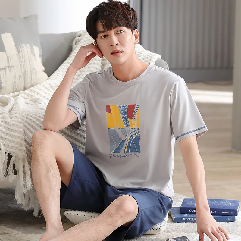 

2023 Summer Short Sleeve Soft Modal Pajamas Sets for Men Korean Loose Short Pants Sleepwear Pyjamas Male Homewear Home Clothes