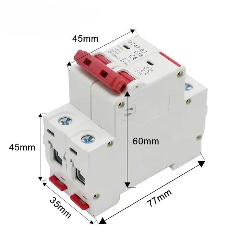 C45N 2 Pole 10A/16A/20A/32A/40A/50A/63A 400V~ C Type Mini Circuit Breaker MCB Mounting 35mm Din Rail Breaking Capacity 6KA
