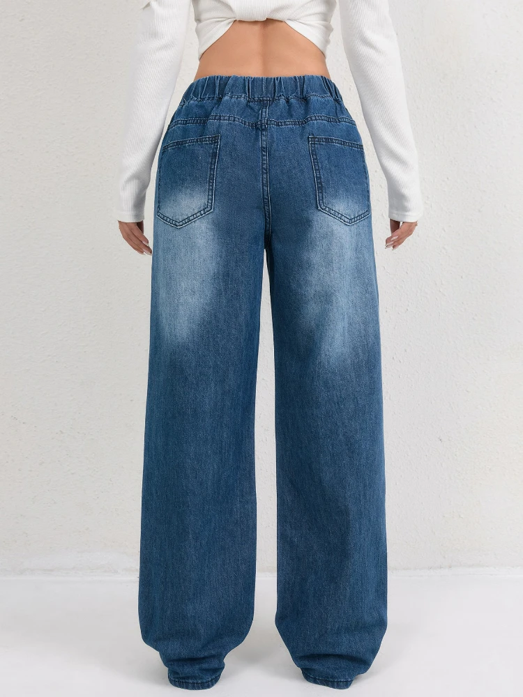 Pantalones vaqueros de pierna ancha para mujer, vaqueros lavados con cintura elástica, pantalones vaqueros con cordones, ropa de calle Vintage desgastada, pantalones sueltos de longitud