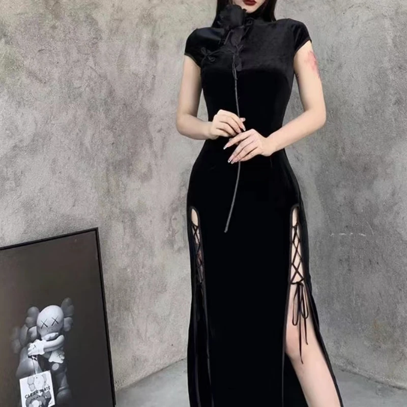 Women Bandage Dresses Solid Elegant Sexy Summer Slim Body Shaping Side-slit Chinese Style Fashion Party Streetwear Cool Girls