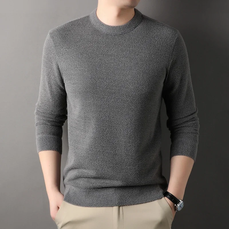 Winter men\'s round neck thickened sweater knitted pullover solid color long sleeved casual daily warm coat