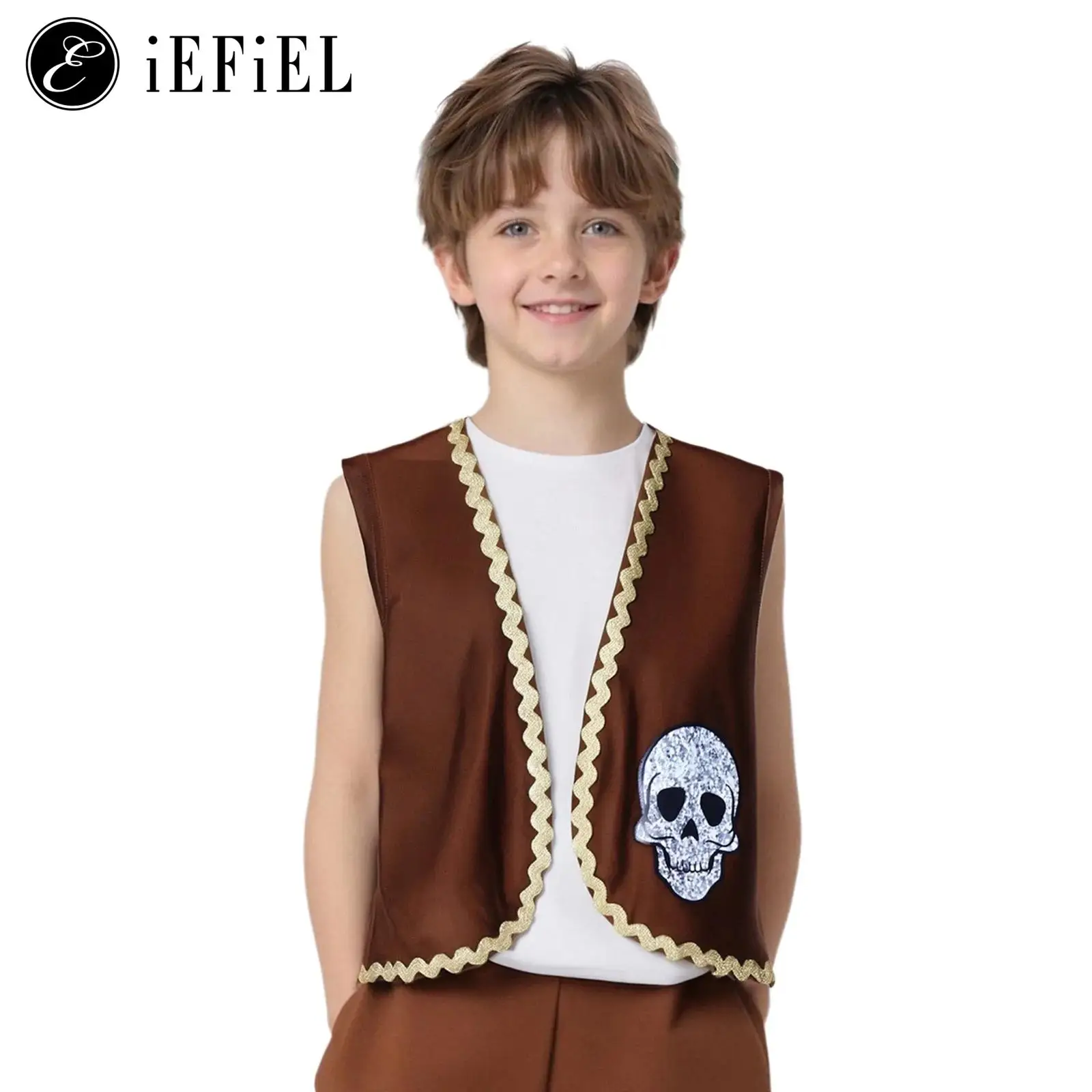 

Unisex Boys Girls Pirate Costume Sleeveless Gold Hem Skeleton Printed Waistcoat Medieval Viking Sailor Cosplay Vest Top