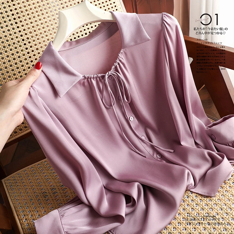 Satin Solid Women\'s Shirts Summer 2023 New Loose Vintage Blouses Long Sleeves Ladies Clothing Silk Women Tops