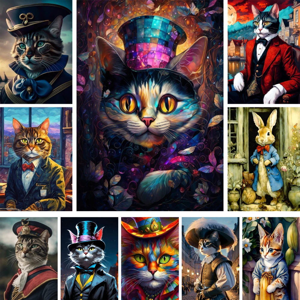 Kit completo de punto de cruz de gato de animales vestidos, bordado DIY, costura, pintura artesanal, estampado, promociones al por mayor