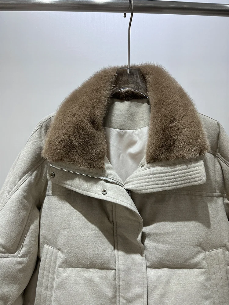 2025 المرأة شتاء دافئ أوزة أسفل سترة ريال فرو منك طوق الكشمير الصوف سترات قصيرة سترات منتفخة الإناث عادية #6