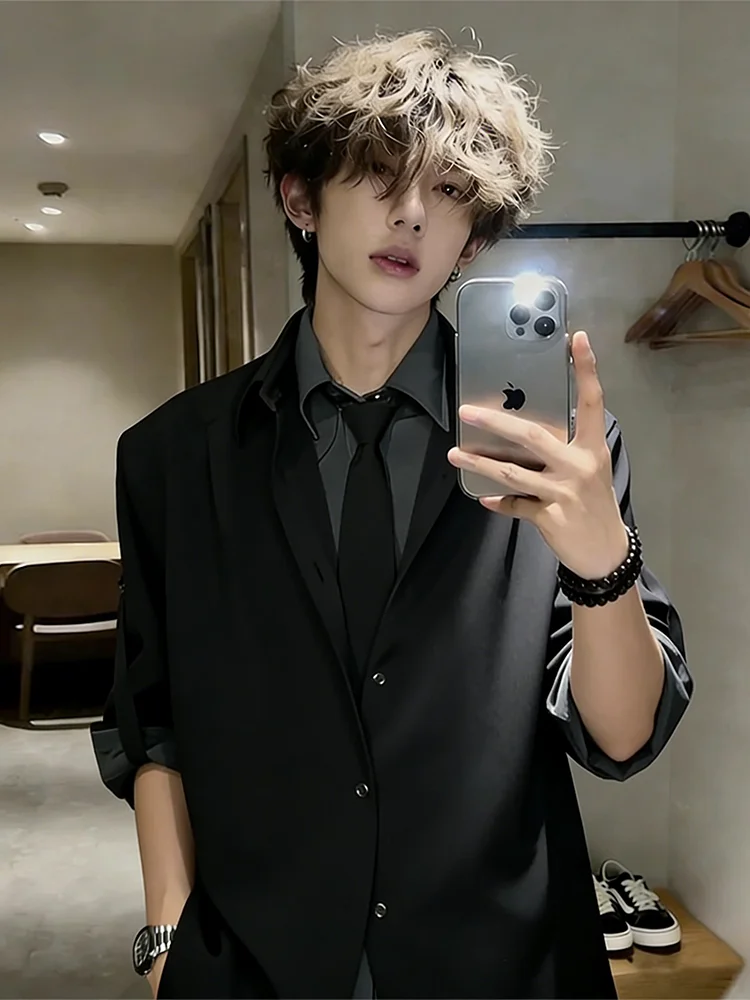 

Мужская рубашка-куртка в повседневном стиле, имитация двухслойного костюма, корейский стиль, преппи, весна-осень, британский стиль, с длинным рукавом