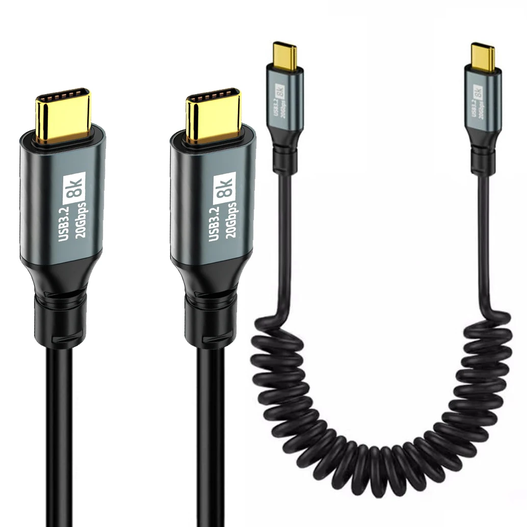 Coiled USB‑C Cable USB 3.2 Gen2 20Gbps 8K@60Hz Video Output PD 100W Fast Charging Spiral Spring Cord for Car Phone Laptop