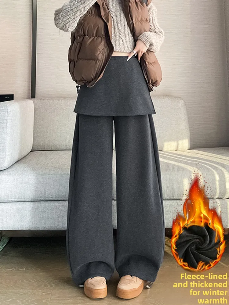 

Korean Style Thickened High Waist Wide Leg Pants Women's Winter Fashion Fleece Lined Trousers Slimming Bootcut Pants