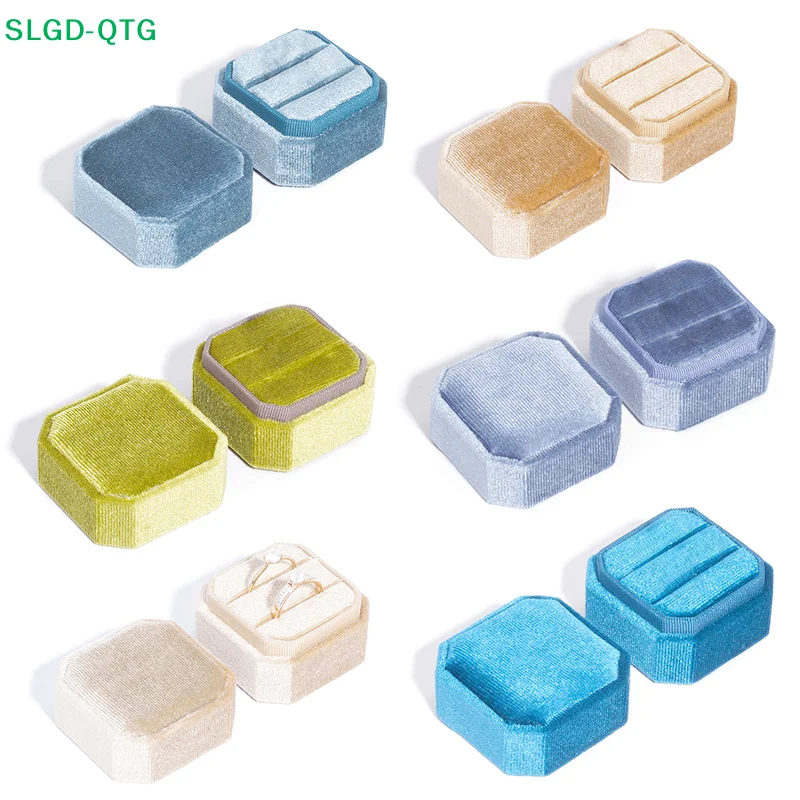 

1Pc Velvet Ring Box Double Ring Box With Detachable Lid 2 Slots Octagon Ring Display Holder Case For Engagement Wedding Proposal