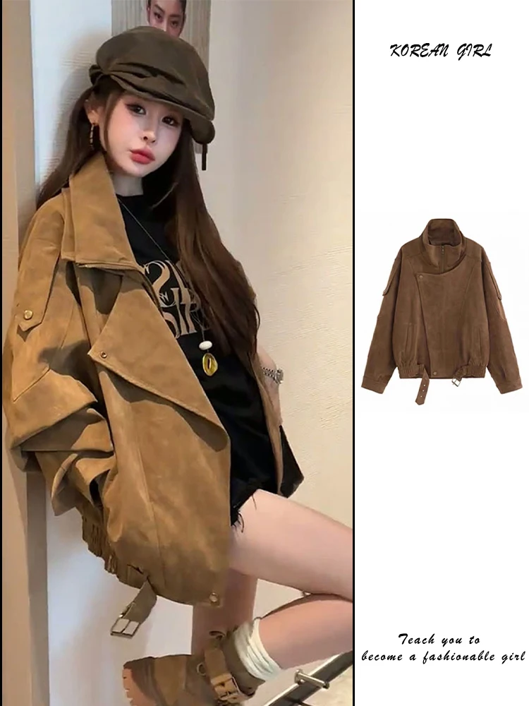 

Коричневое байкерское замшевое платье в стиле ретро, женское свободное пальто с лацканами, осеннее пальто с высокой чувствительностью, топ на молнии, обычная длина све