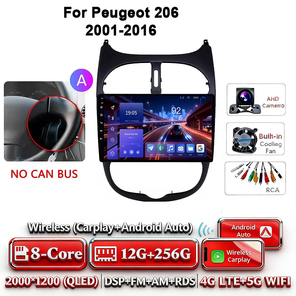 Android 17 Carplay Android Auto 4G WIFI autoradio voor Peugeot 206 2001-2016 GPS DSP BT touchscreen multimediasysteem navigatie stereo - afbeelding 1