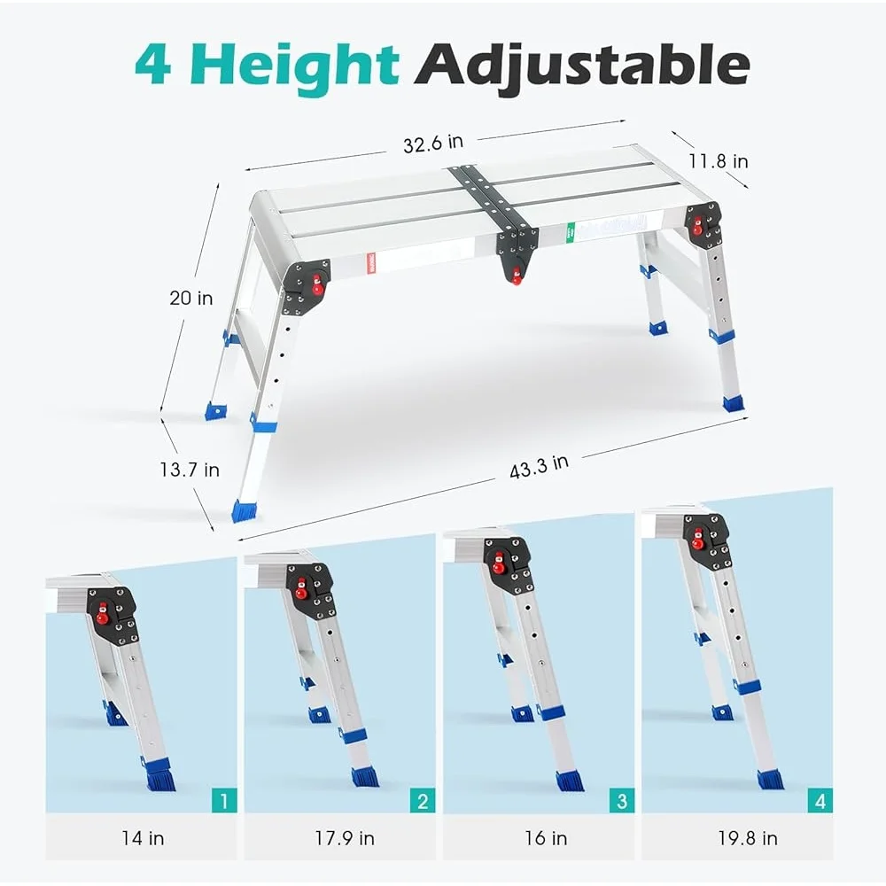 Adjustable Height Work Platform 43 inch Aluminum Step Stool One Touch Automatic Folding Portable Compact Ladder 330 lbs Capacity