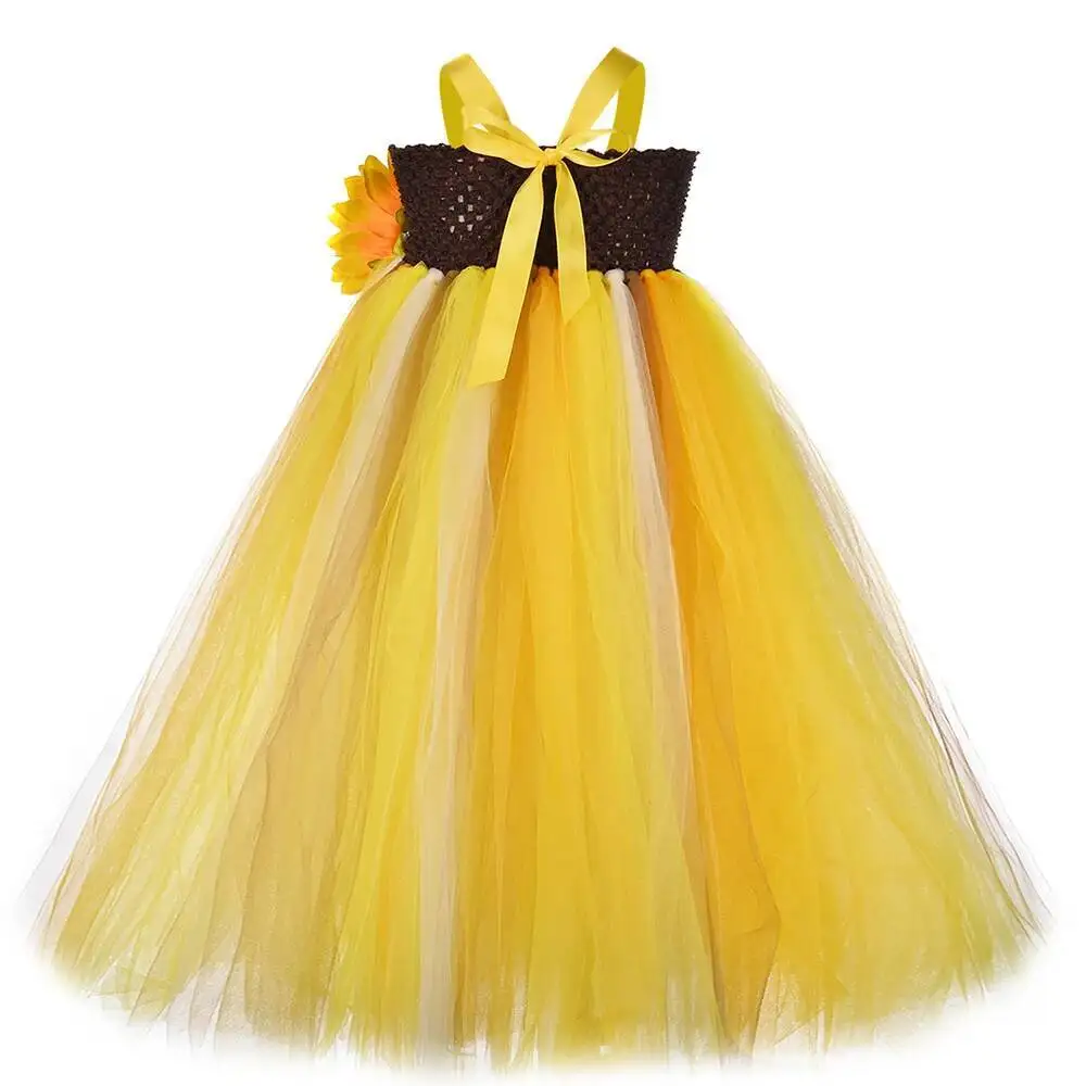 Sunflower Long Princess Dresses for Girls Fall Autumn Halloween Costumes for Kids Thanksgiving Holiday Outfit Ankle Length Tutus