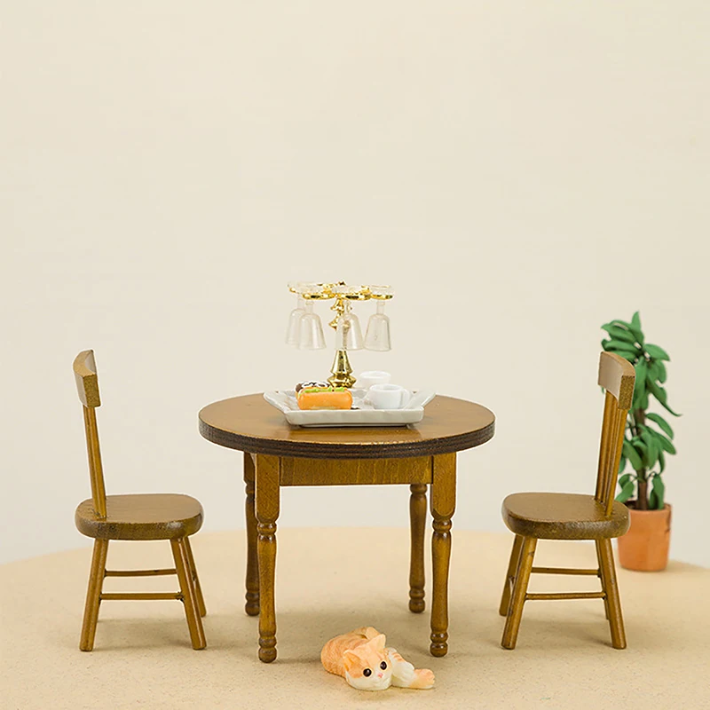 1Set Dollhouse Miniature Round Table And Chair Model Mini Simulation Decoration Furniture Model Photo Props Scene Accessories