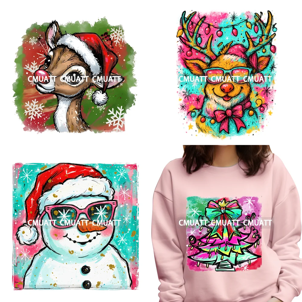 

Cute Xmas Characters Snowman Reindeer Brushstroke Christmas Iron on DTF Washable Transfers Stickers Ready to Press for Garment