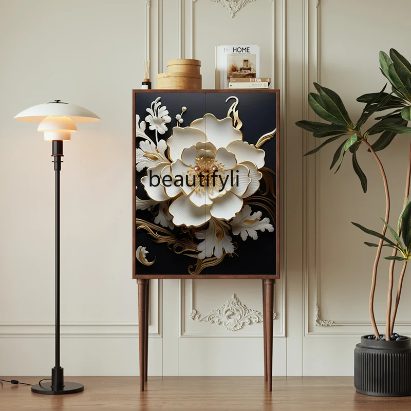 

French three-dimensional texture high-footed bucket cabinet against the wall sofa storage cabinet solid wood retro decoration
