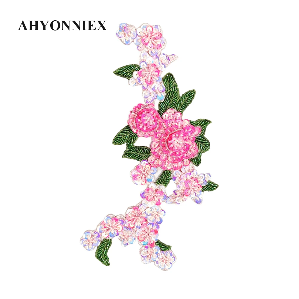 AHYONNIEX Handmade Exquisite Large Beads Flower Patches for Clothes DIY Beaded Stickers Embroideried Sew On Patches