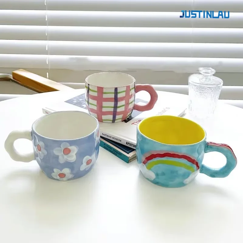 JUSTINLAU Cute Hand Pinched Irregular Ceramic Mug Flower Heart Pattern Coffee Cup Breakfast Milk Tea Cups Gift For Kids Girls