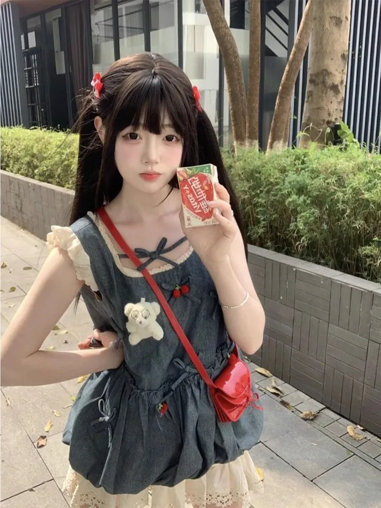 Red Cherry  Knot Denim Halter Vest Women Summer Bloom Lace Fluffy Skirt Two Piece Set Women's Fashion Summer Outfit view 3