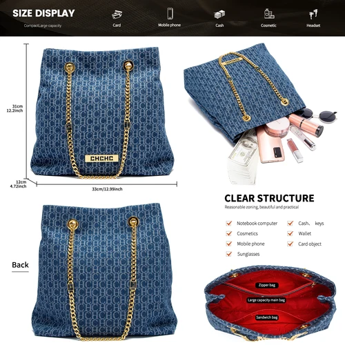 Imagen 2 del producto Bolso de hombro con estampado de letras para mujer, diseño de correa de hombro con cadena, estilo clásico Vintage, cien