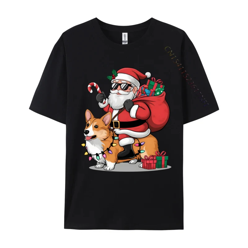 

Xmas Lighting Santa Riding Corgi Dog Christmas T-Shirts For Men Cotton T Shirt Classic Tee Shirt New Arrival Clothes